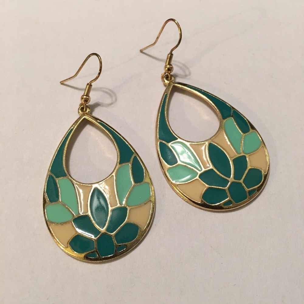 🏝 Beachy Teal and Cream Enamel Earrings